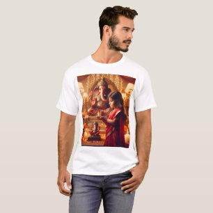 a girl in a sari is standing in front of a statue T-Shirt
