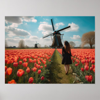 A girl in a tulip field poster