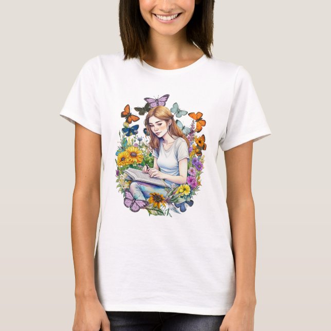A Girl, Journal, Butterflies and Flowers T-Shirt (Front)