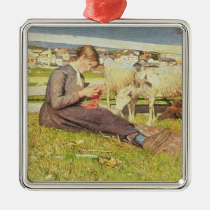 A Girl Knitting, 1888 (oil on canvas) Metal Tree Decoration