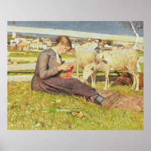 A Girl Knitting, 1888 (oil on canvas) Poster