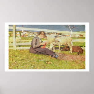 A Girl Knitting, 1888 (oil on canvas) Poster