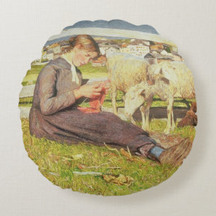 A Girl Knitting, 1888 (oil on canvas) Round Cushion