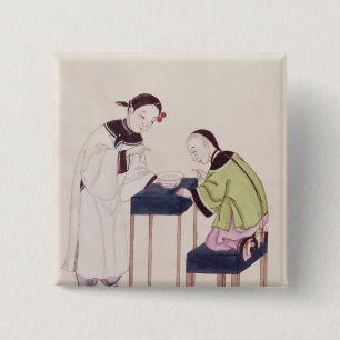 A Girl Looking for Luck into a Bowl of Water 15 Cm Square Badge