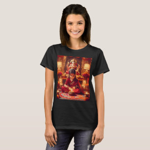a girl sits in front of a elephant statue T-Shirt