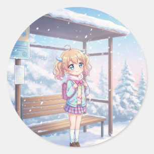 A Girl Waiting for a Bus in the Snow Classic Round Sticker