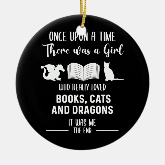 A Girl Who Loved Books Cats And Dragons Reading Ceramic Ornament (Front)
