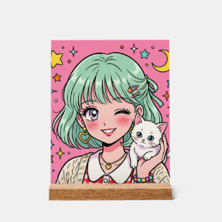 A girl with a lovely wink and a cute kitten acrylic sign
