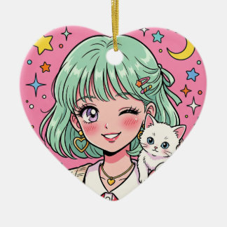 A girl with a lovely wink and a cute kitten ceramic ornament