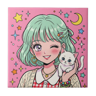 A girl with a lovely wink and a cute kitten ceramic tile