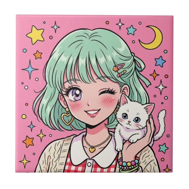 A girl with a lovely wink and a cute kitten ceramic tile (Front)