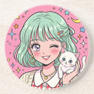A girl with a lovely wink and a cute kitten coaster