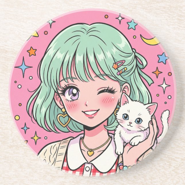 A girl with a lovely wink and a cute kitten coaster (Front)