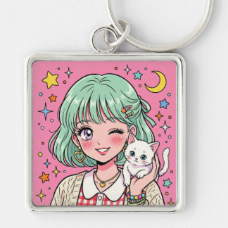 A girl with a lovely wink and a cute kitten key ring