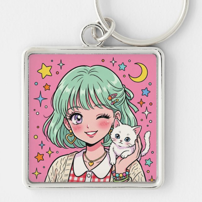 A girl with a lovely wink and a cute kitten key ring (Front)