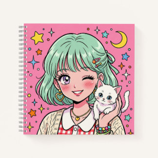 A girl with a lovely wink and a cute kitten notebook