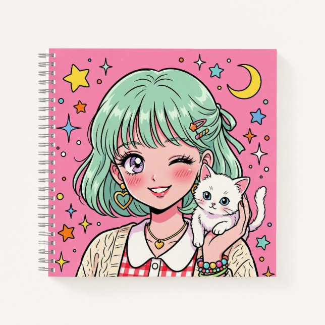 A girl with a lovely wink and a cute kitten notebook (Front)