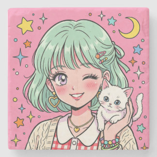 A girl with a lovely wink and a cute kitten stone coaster