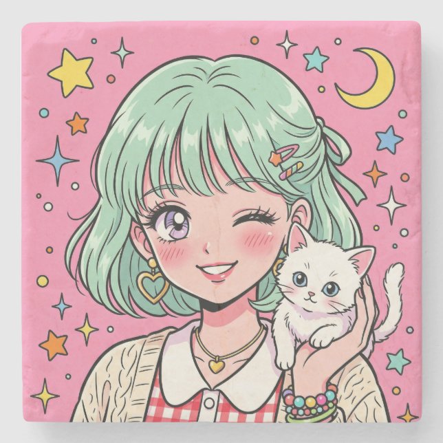A girl with a lovely wink and a cute kitten stone coaster (Front)