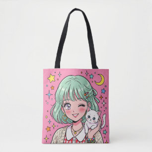 A girl with a lovely wink and a cute kitten tote bag