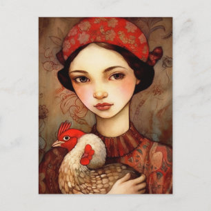 A Girl with Her Pet Chicken Ai Art Postcard