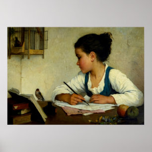 A Girl Writing, Pet Goldfinch by Henriette Browne Poster