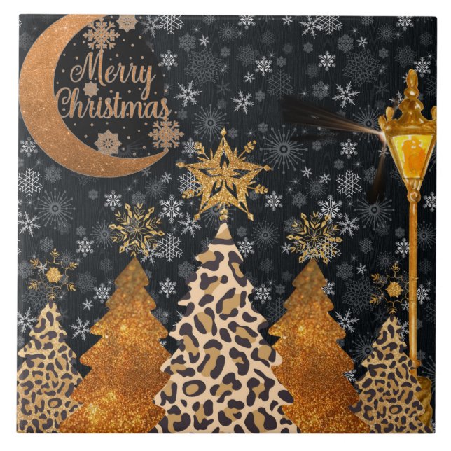 A Glamourous Wild Leopard Christmas Ceramic Tile (Front)