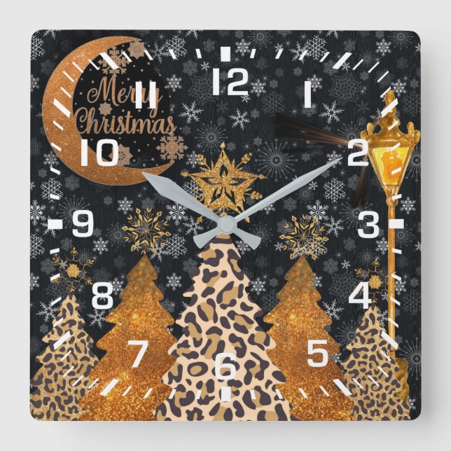 A Glamourous Wild Leopard Christmas Square Wall Clock (Front)