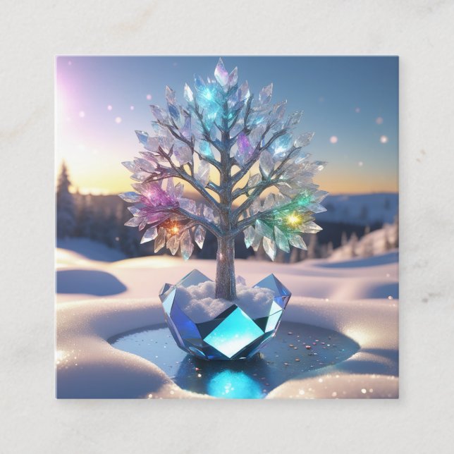 A glass crystal tree, glitter inside, crystals com square business card (Front)