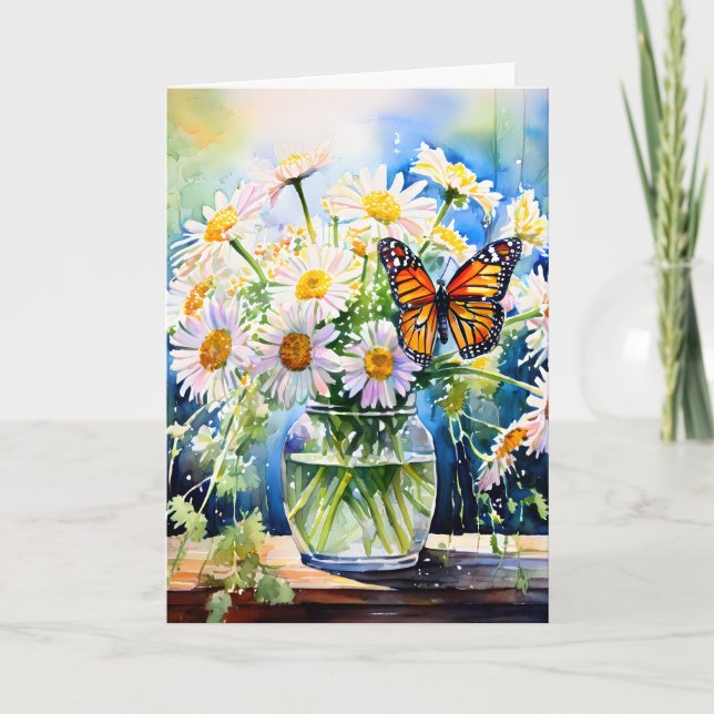 A Glass Vase of Daisies and a Monarch Butterfly Card (Front)