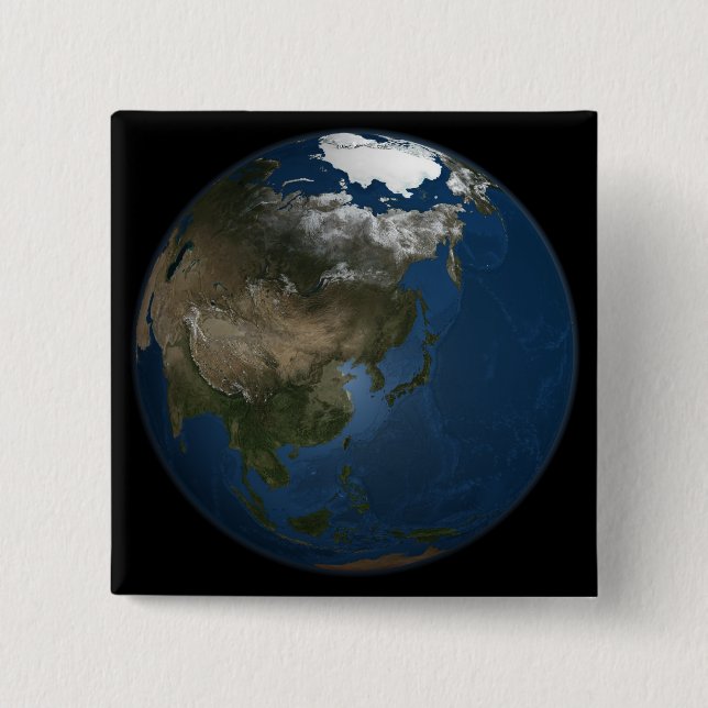 A global view over Asia with Arctic sea ice 15 Cm Square Badge (Front)