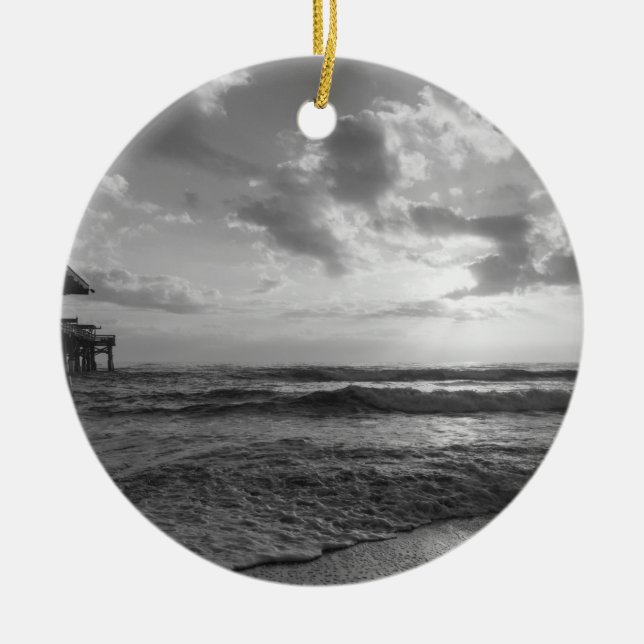 A Glorious Beach Morning Grayscale Ceramic Ornament (Front)