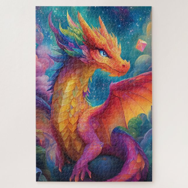A glowing neon-coloured dragon jigsaw puzzle (Vertical)