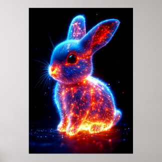 A glowing rabbit is depicted with vibrant blue and poster