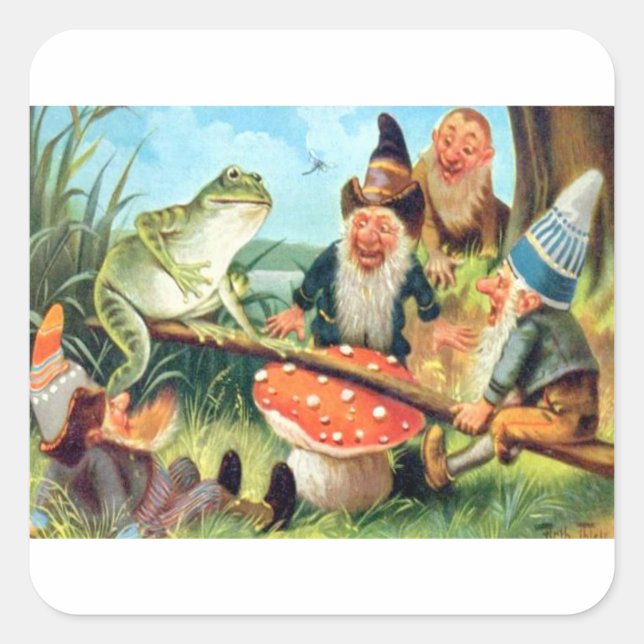 A Gnome and Frog on a Mushroom Seesaw Square Sticker (Front)