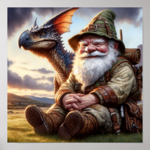 A Gnome Warrior Posing with his Dragon Poster