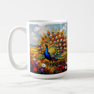 A Gold and Blue Peacock in Flowers  Coffee Mug