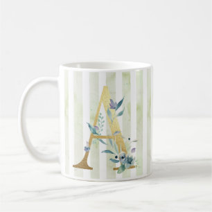 A, gold initial on blue and white stripes coffee mug