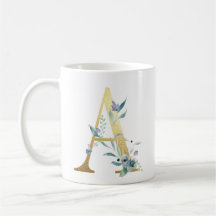 A, gold initial with blue floral foliage