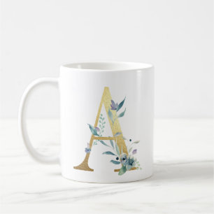 A,  gold initial with blue floral foliage coffee mug