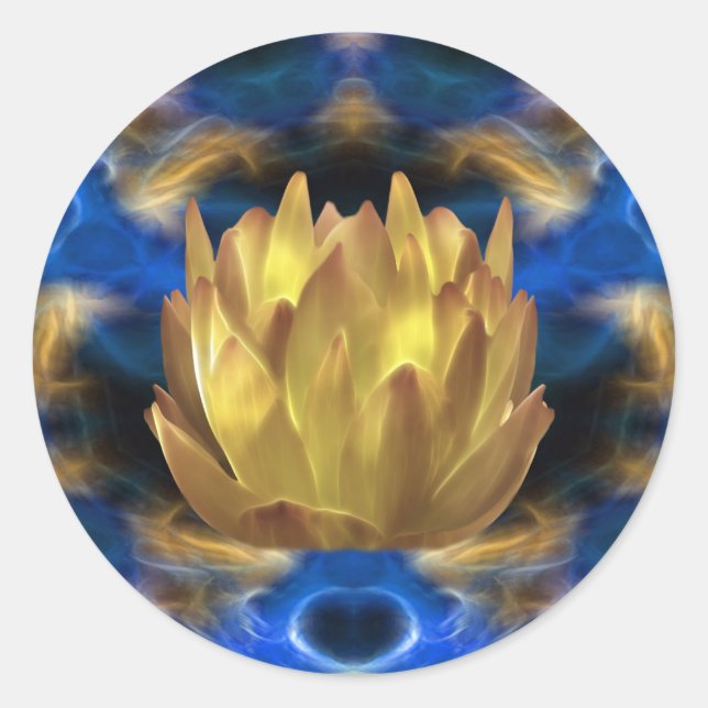 A gold lotus flower and reflections classic round sticker (Front)