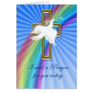 A Golden cross with a white dove prayer card