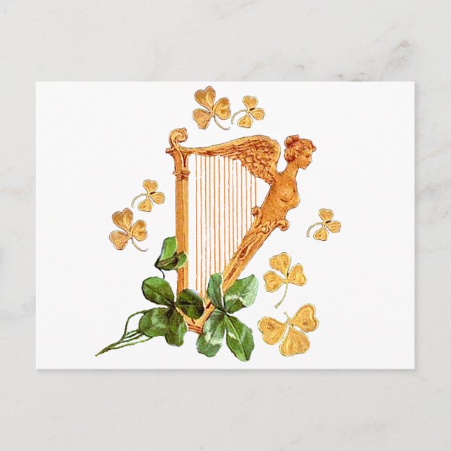 A Golden Irish Harp surrounded by Shamrocks Postcard (Front)