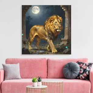 A Golden Lion Strolling under the Moonlight Canvas Print