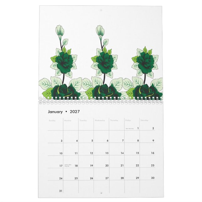 A golden retriever puppy sits on a grassy field, w calendar (Jan 2027)