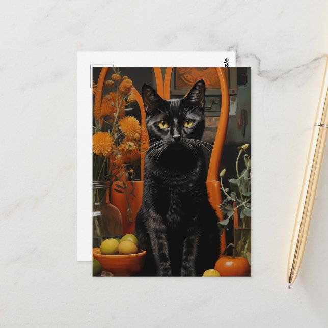 A Gorgeous Black Cat in an Orange Chair Postcard (Front/Back In Situ)