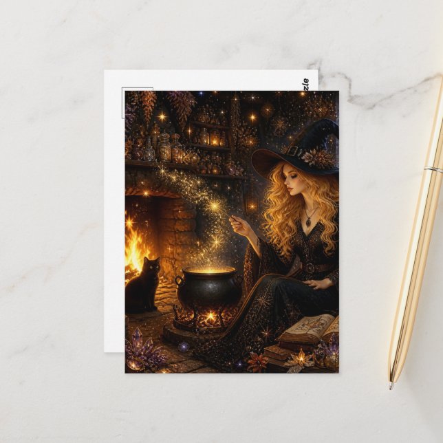 A Gorgeous Magick Witch and her Black Cat Postcard (Front/Back In Situ)
