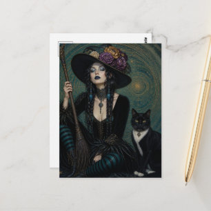 A Gorgeous Witch and her Black and White Cat Postcard