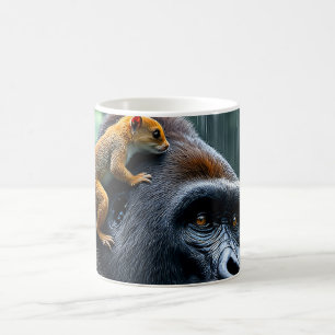 A gorilla and a tiny rodent on his head. coffee mug