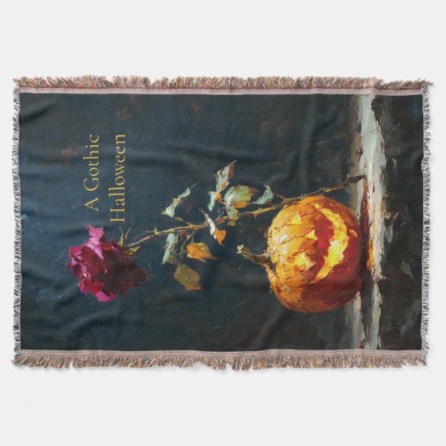 A Gothic Halloween Pumpkin and Rose Throw Blanket (Front)